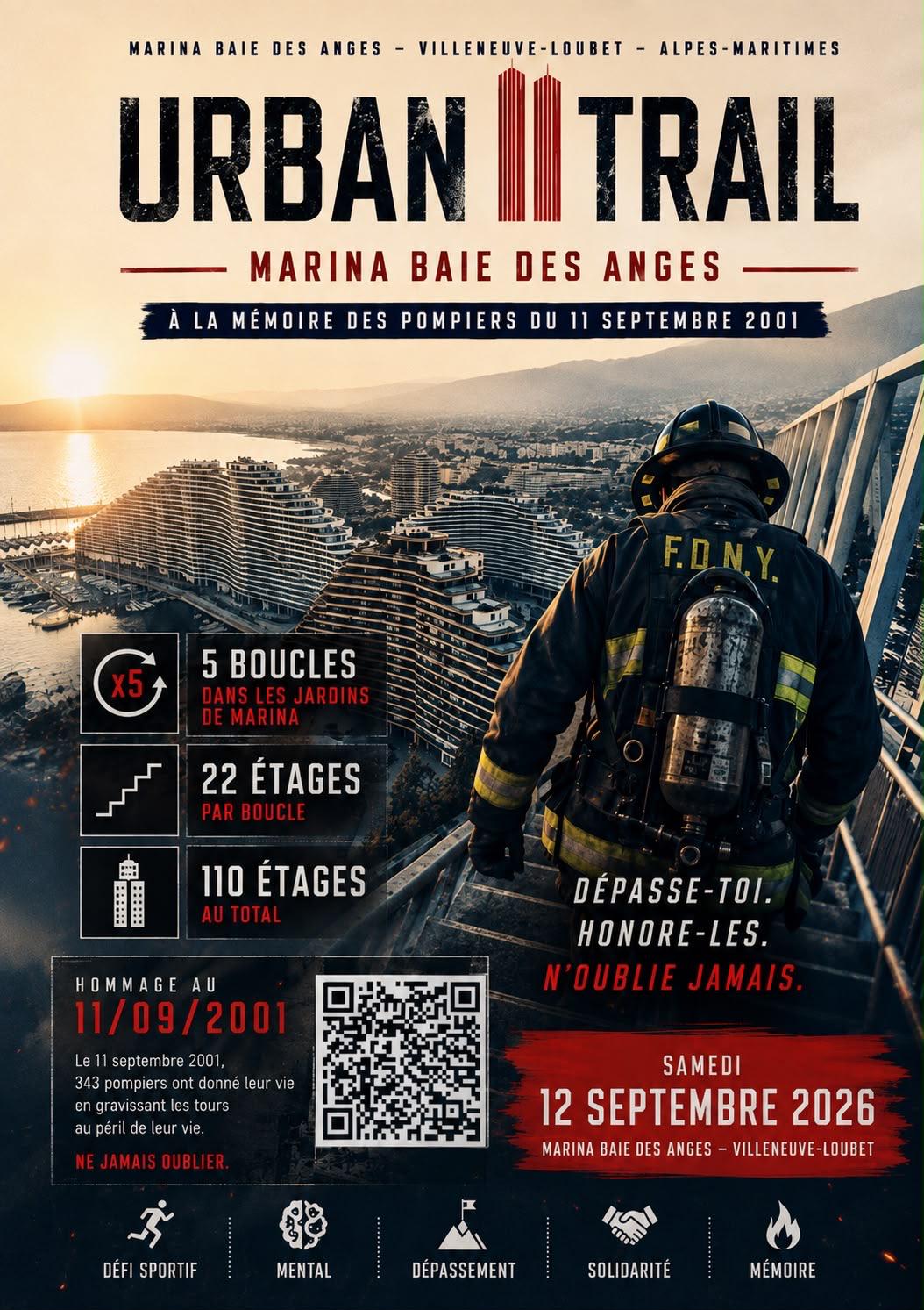 Affiche officielle Urban Trail Marina Baie des Anges, à la mémoire des pompiers du 11 septembre 2001 : 5 boucles dans les jardins de la Marina, 22 étages par boucle, 110 étages au total, samedi 12 septembre 2026 à Villeneuve-Loubet