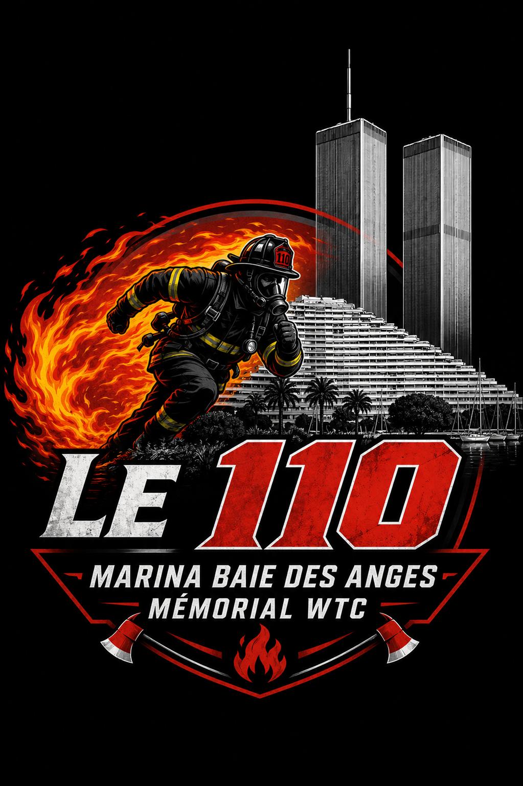 Emblème Le 110 — Marina Baie des Anges, Mémorial WTC : un pompier en tenue de feu courant devant les tours jumelles et la Marina